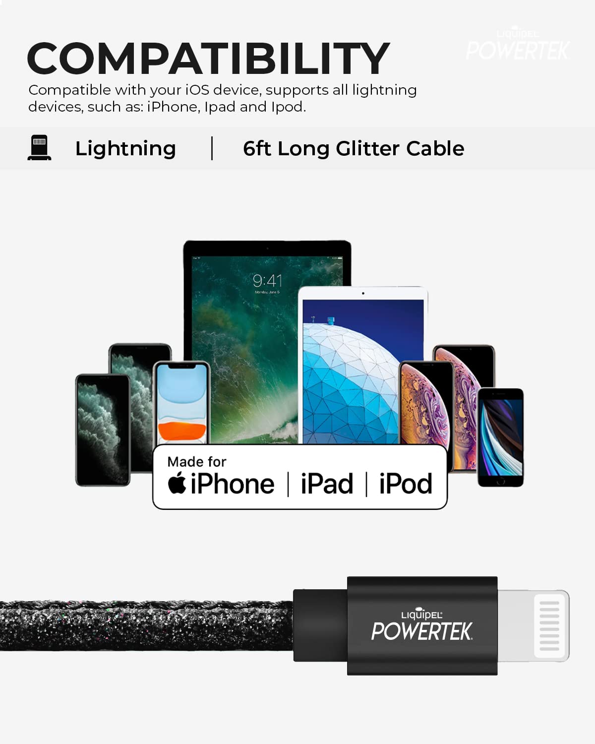 LIQUIPEL Powertek Glitter MFi Certified Charger USB Cable Compatible for iPhone, iPad, 6ft Cable, Fast Charging Lightning (Black)