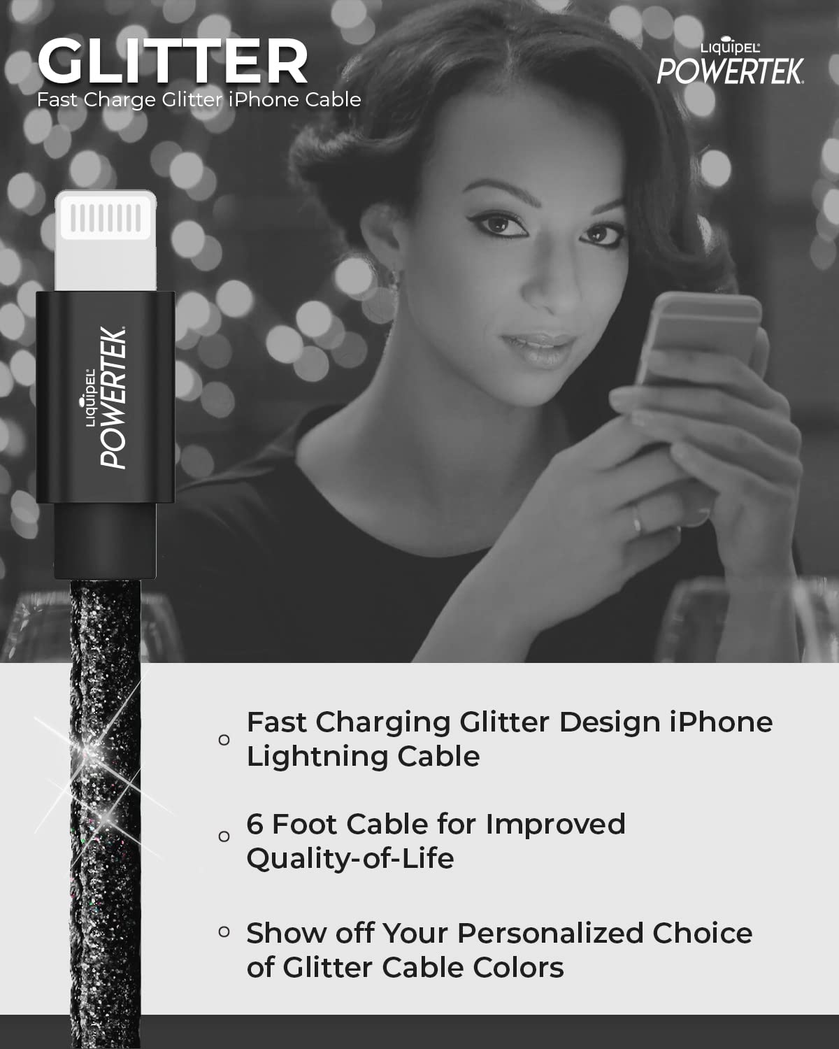 LIQUIPEL Powertek Glitter MFi Certified Charger USB Cable Compatible for iPhone, iPad, 6ft Cable, Fast Charging Lightning (Black)