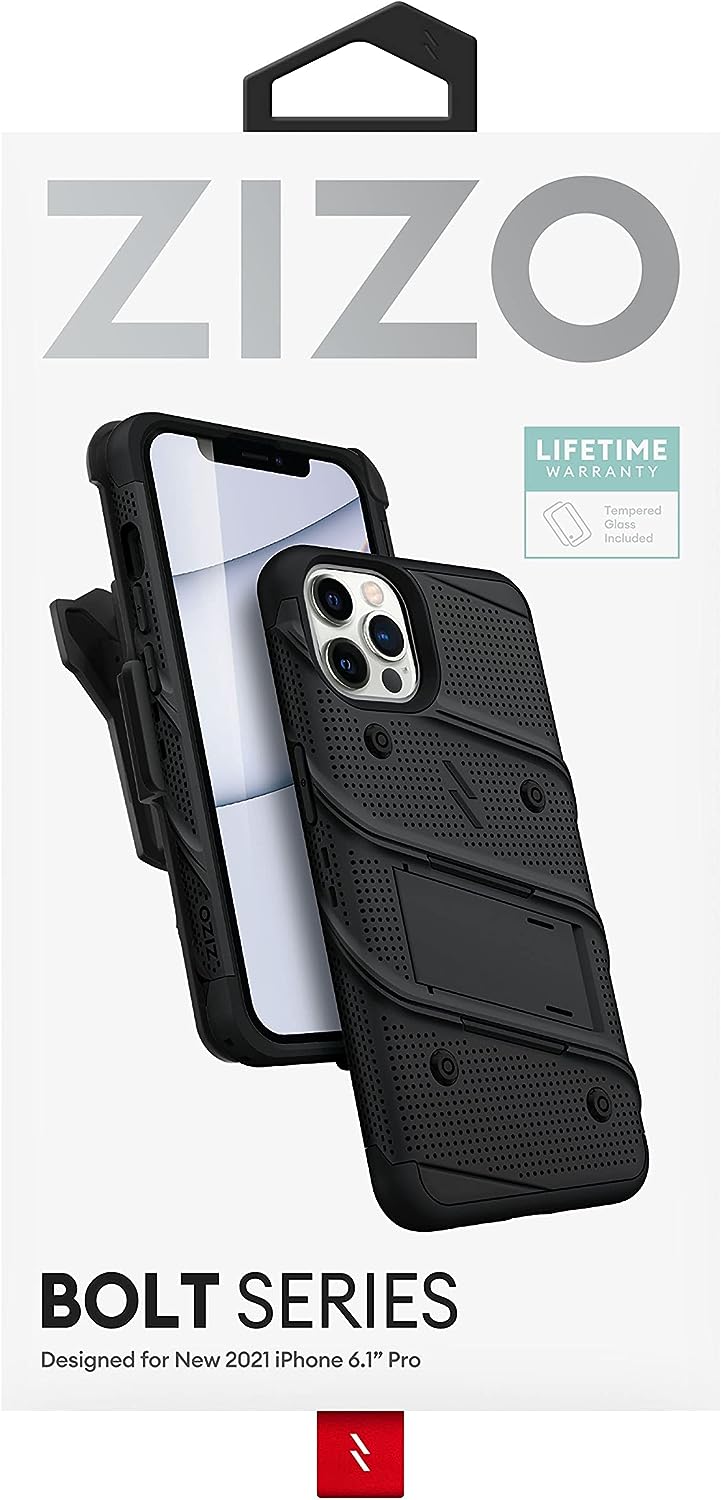 ZIZO Bolt Apple iPhone 13 Pro Holster Case with Tempered Glass, Built-in Kickstand & Lanyard - Black