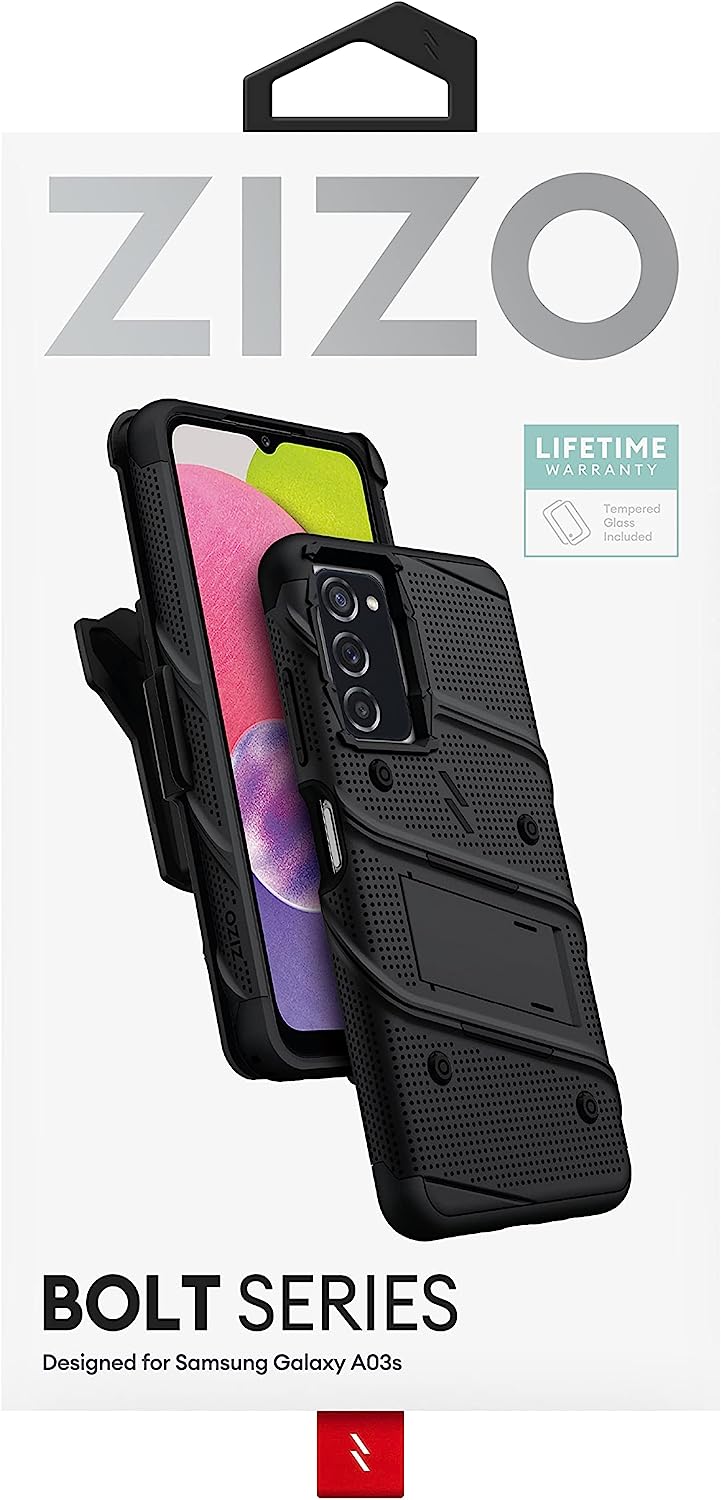 ZIZO Bolt Samsung Galaxy A03s Holster Case with Tempered Glass, Kickstand & Lanyard (3 Colors)
