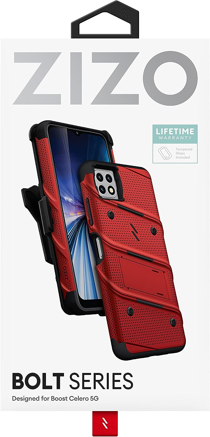 ZIZO Bolt Celero 5G Holster Case with Tempered Glass, Built-in Kickstand & Lanyard (3 Colors)