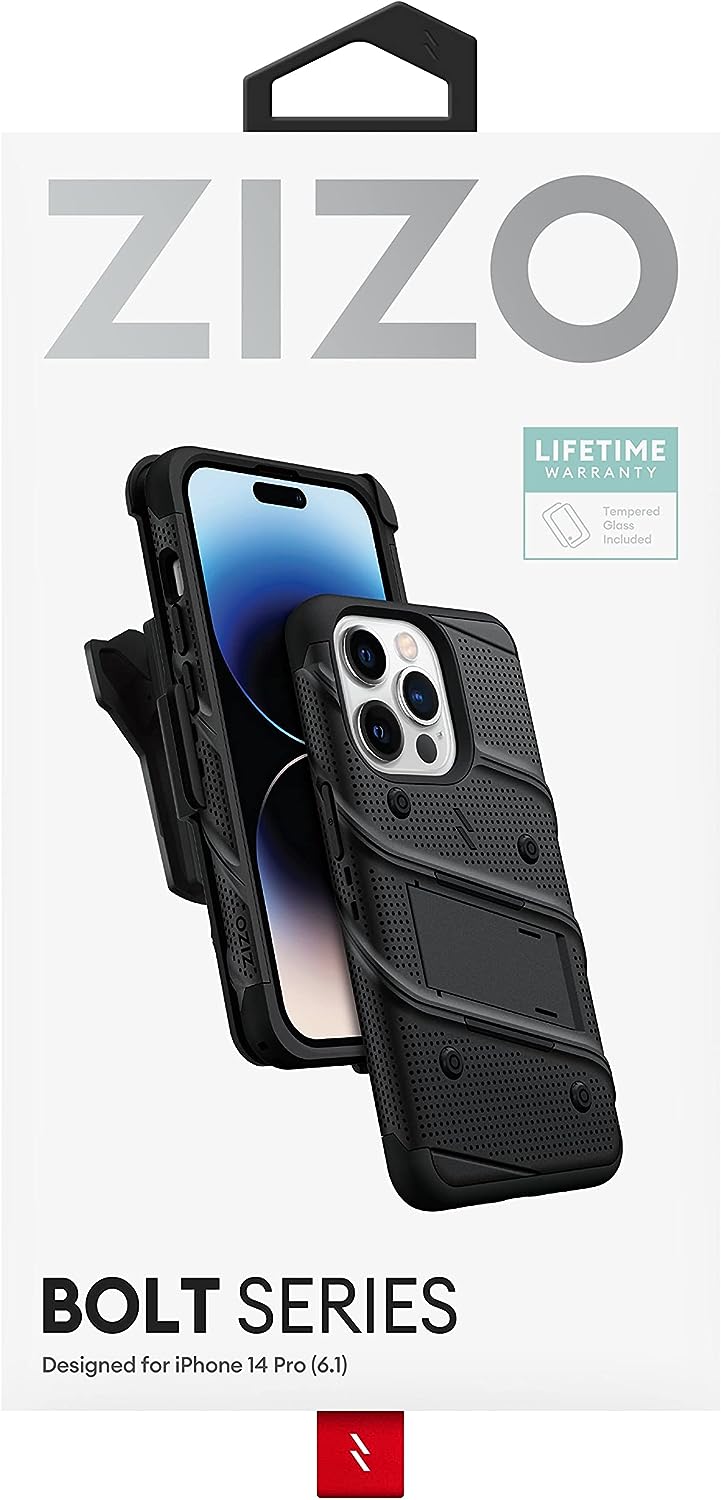 ZIZO Bolt Apple iPhone 14 Pro Holster Case with Tempered Glass, Built-in Kickstand & Lanyard - Black