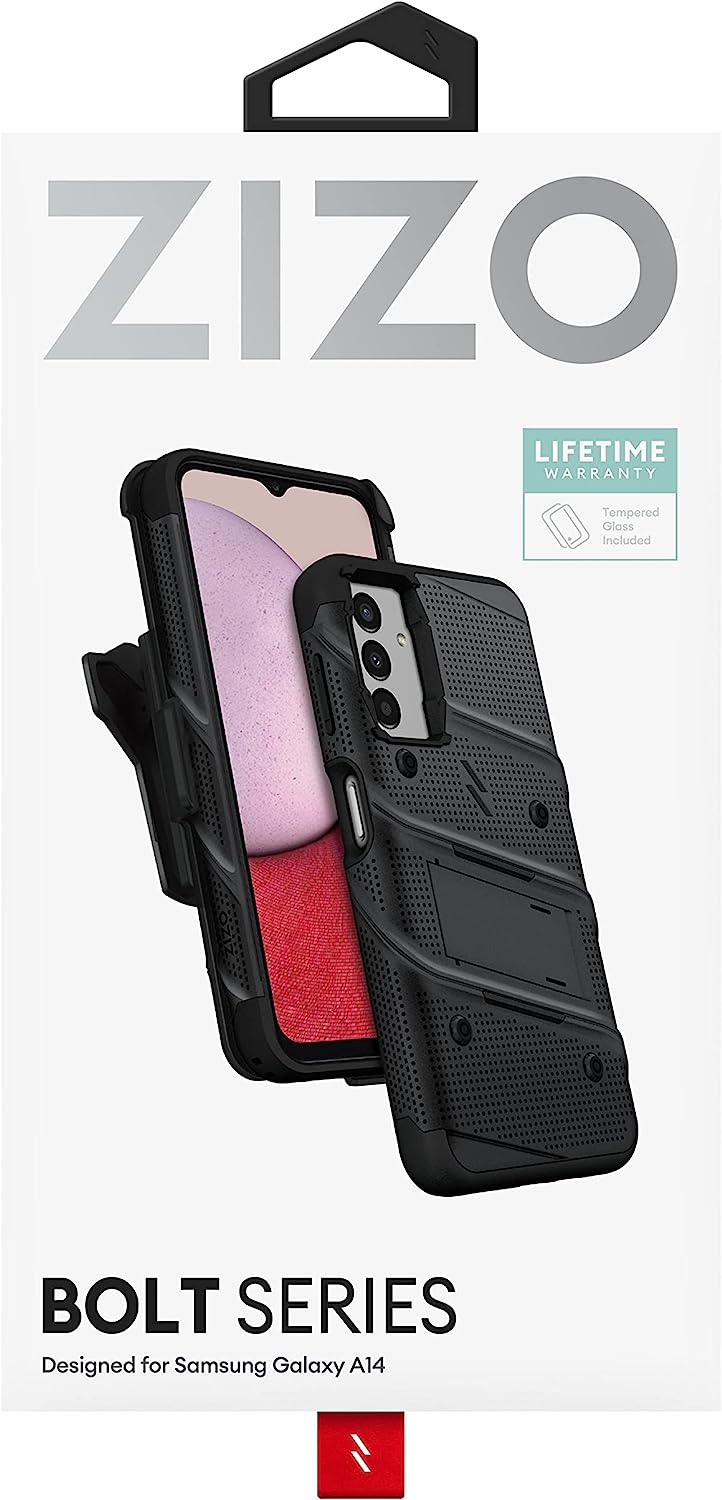 ZIZO Bolt Samsung Galaxy A14 5G Holster Case with Tempered Glass, Kickstand & Lanyard (3 Colors)