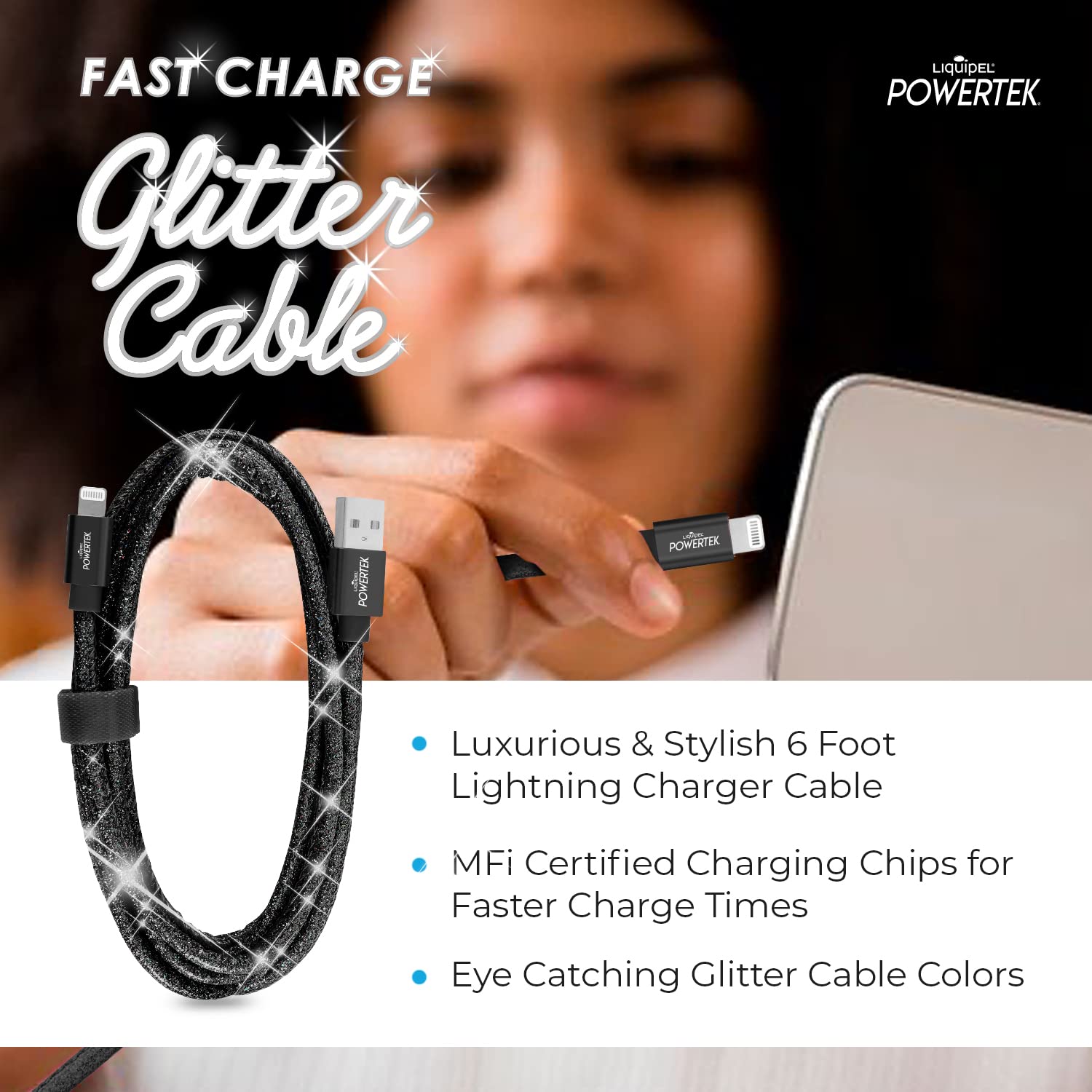 LIQUIPEL Powertek Glitter MFi Certified Charger USB Cable Compatible for iPhone, iPad, 6ft Cable, Fast Charging Lightning (Black)