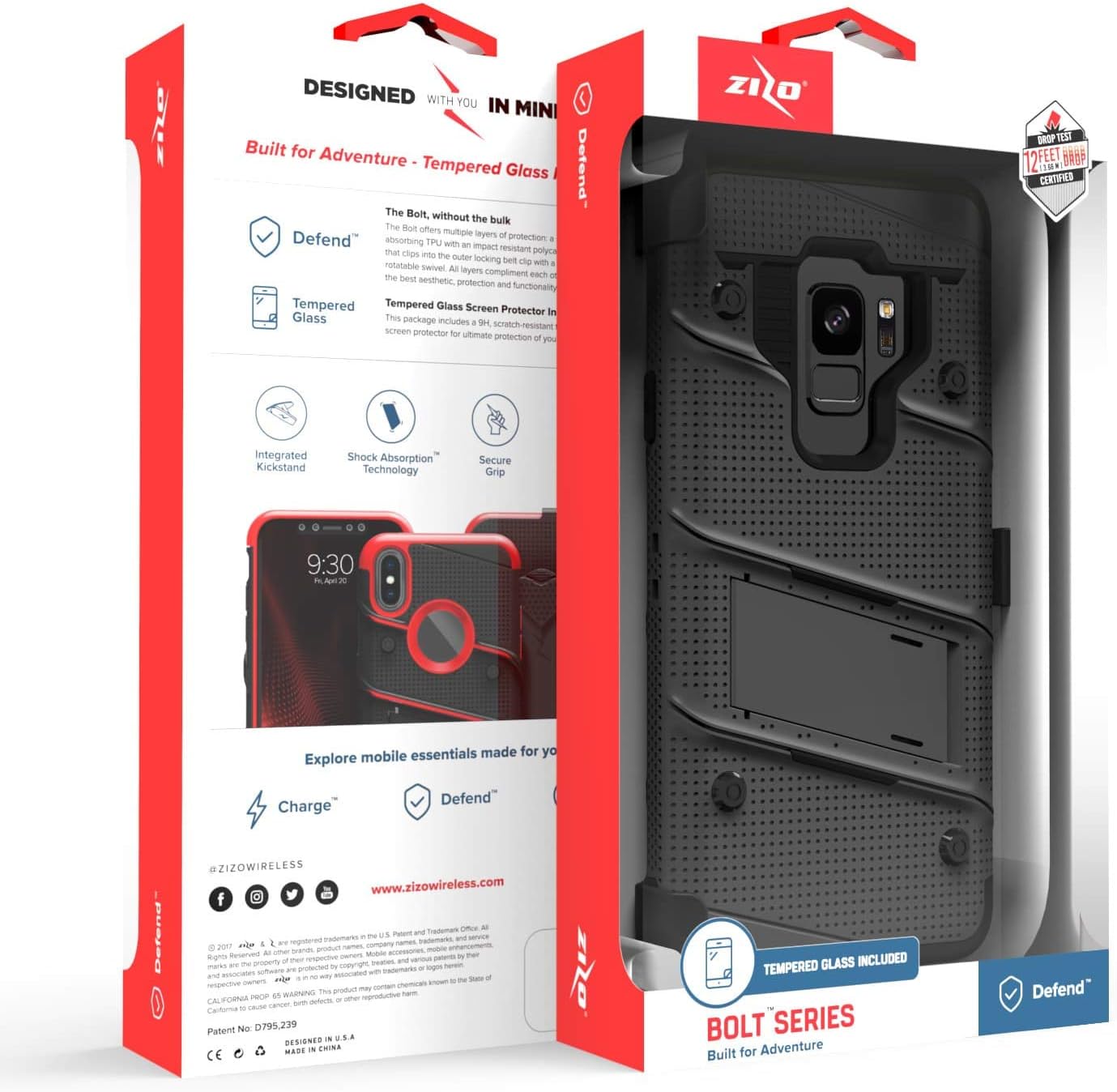 ZIZO Bolt Samsung Galaxy S9 Holster Case with Tempered Glass. Kickstand & Lanyard (2 Colors)