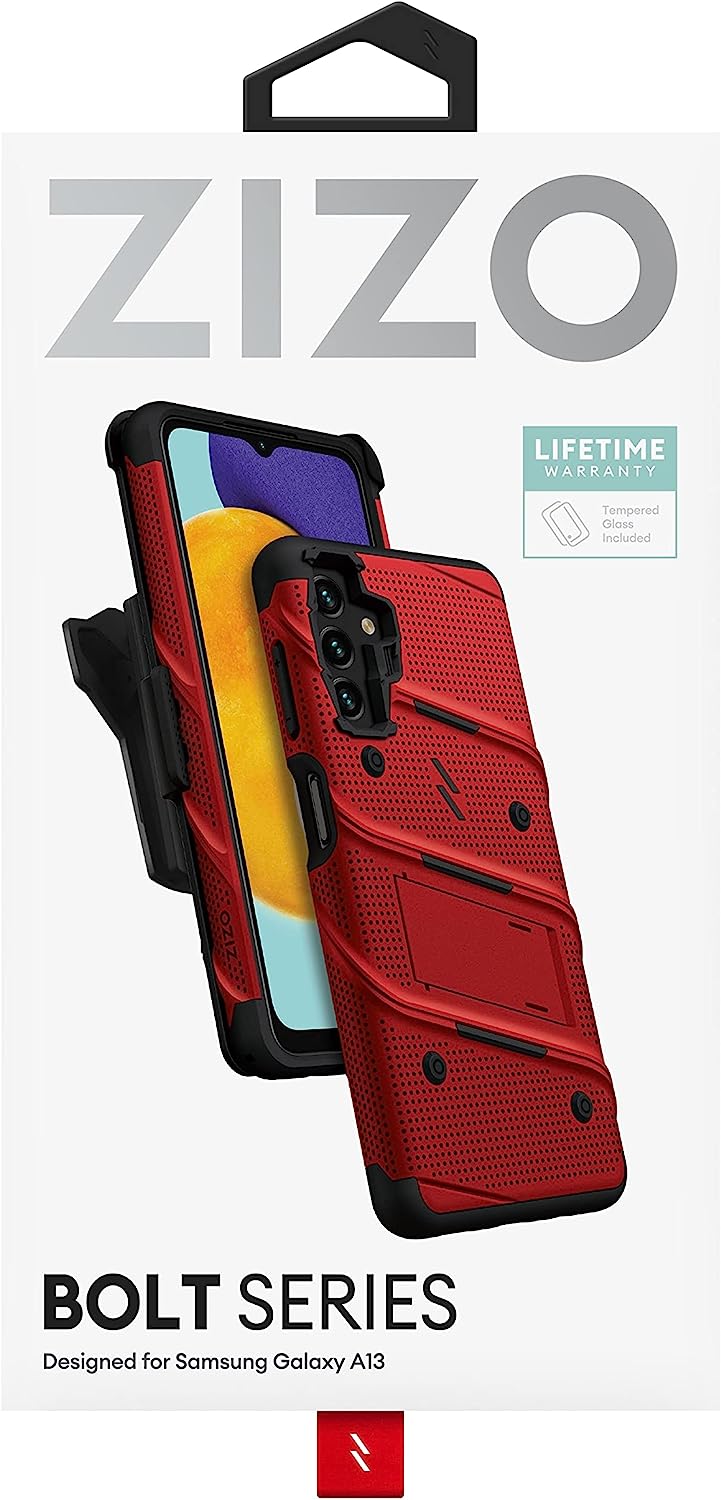 ZIZO Bolt Samsung Galaxy A13 / A13 5G Holster Case with Tempered Glass, Kickstand & Lanyard (3 Colors)