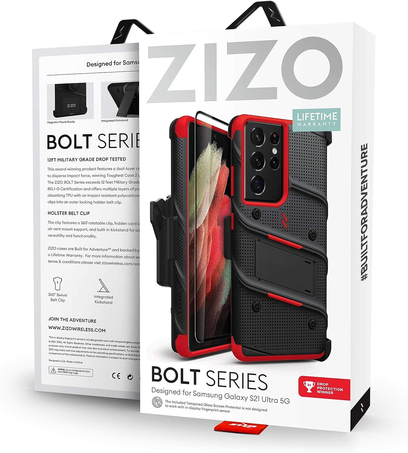 Zizo Bolt Samsung Galaxy S21 Ultra Holster Case with Tempered Glass, Kickstand & Lanyard (4 Colors)