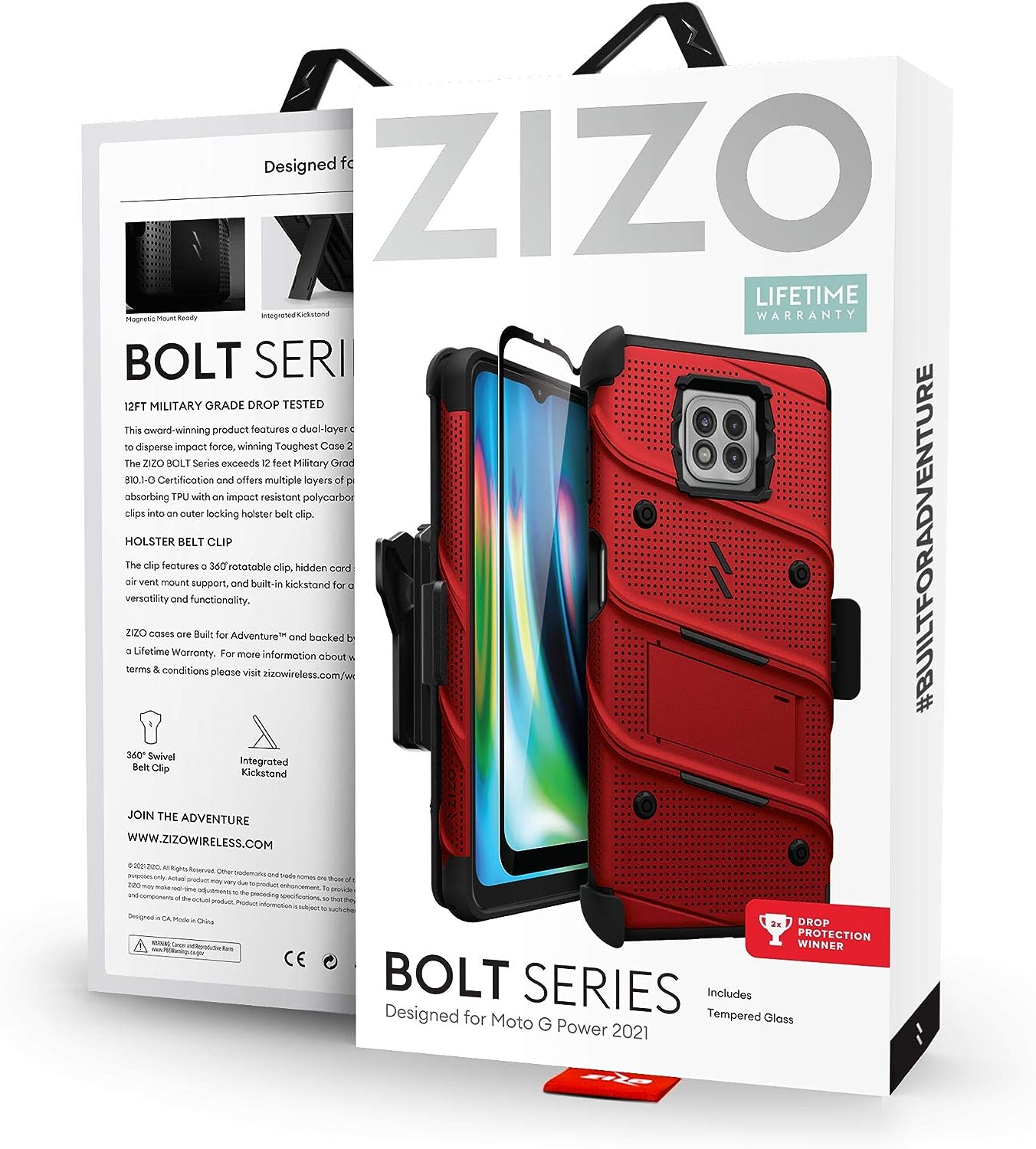 ZIZO Bolt Moto G Power 2021 Holster Case with Tempered Glass, Built-in Kickstand & Lanyard (3 Colors)