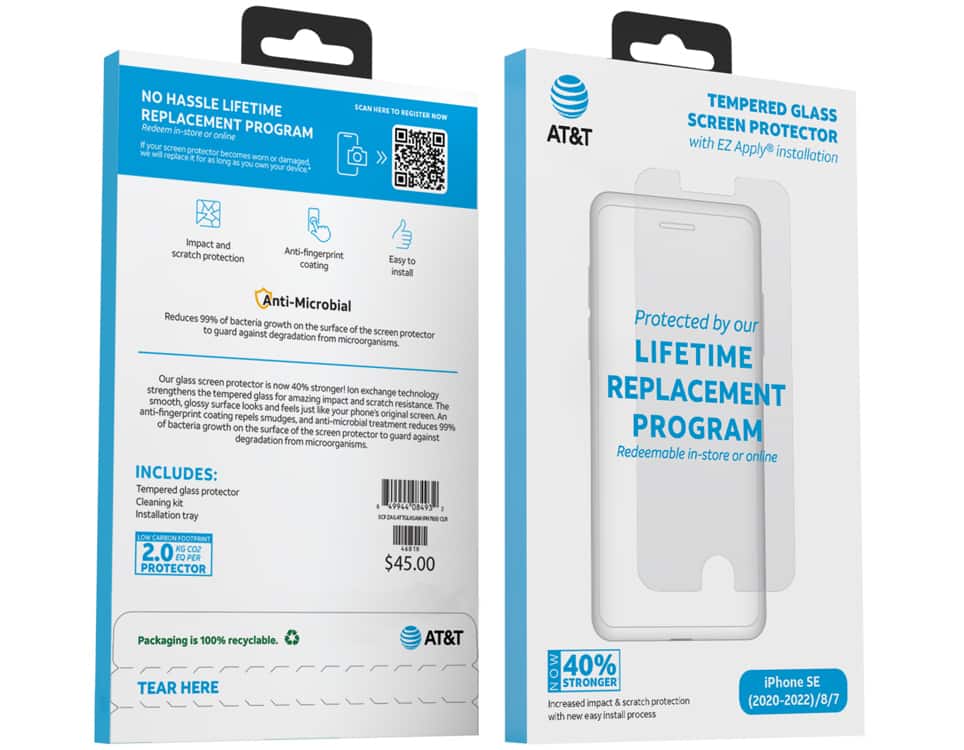 AT&T Tempered Screen Protector for iPhone 7 / 8 / SE (2020-2022) Antimicrobial - Clear