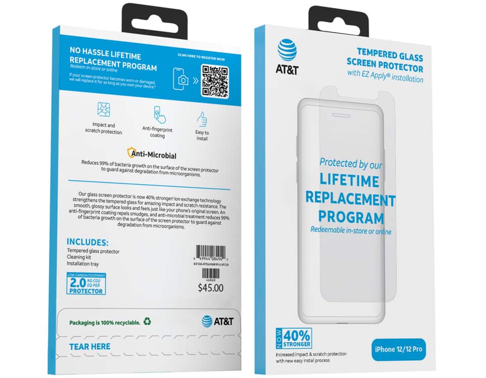 AT&T Tempered Glass Protector for iPhone Xr/11/12/12 Pro Antimicrobial