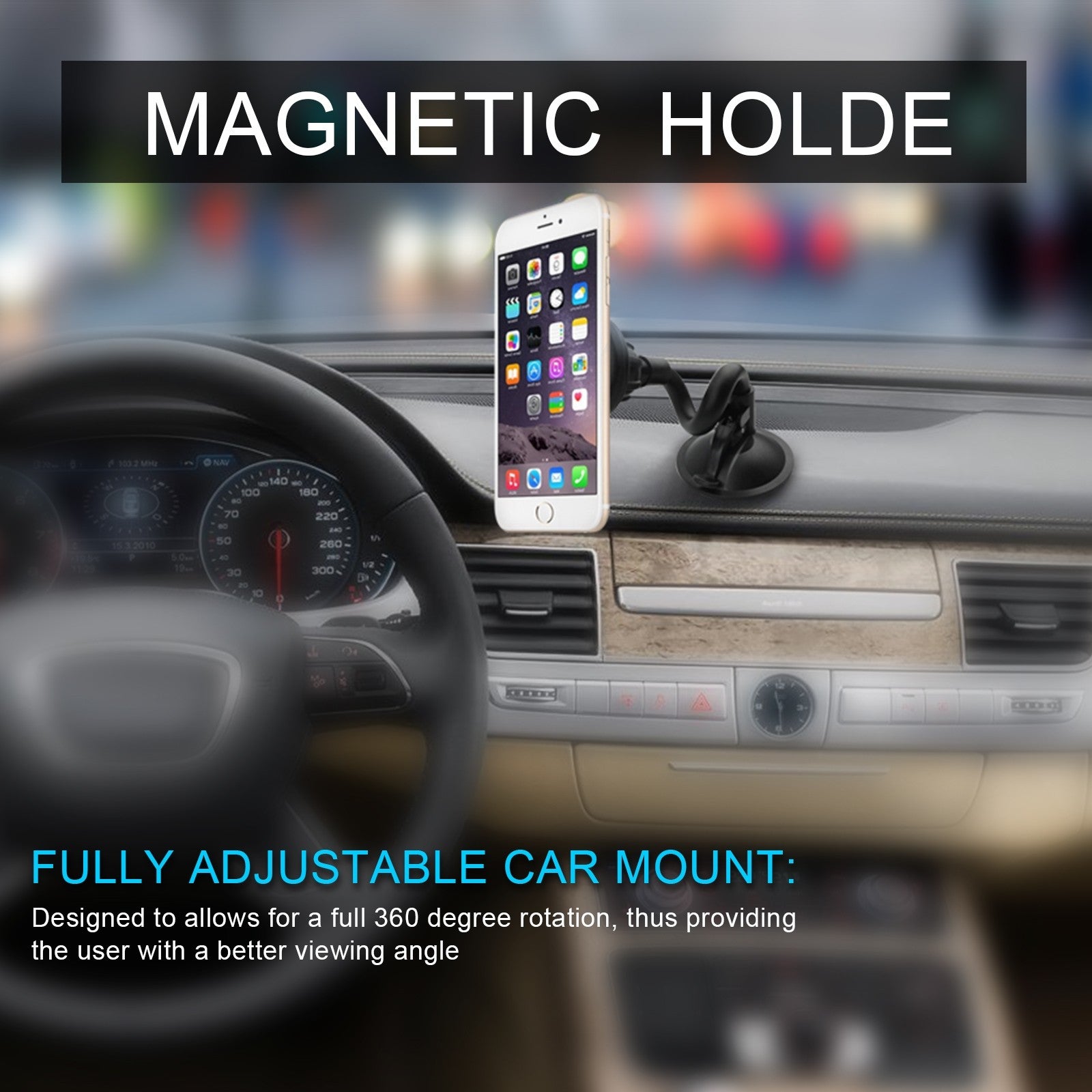 Esoulk Car Dashboard Mount Long Magnetic Phone Holder Universal 360° Mounting Plate - Black