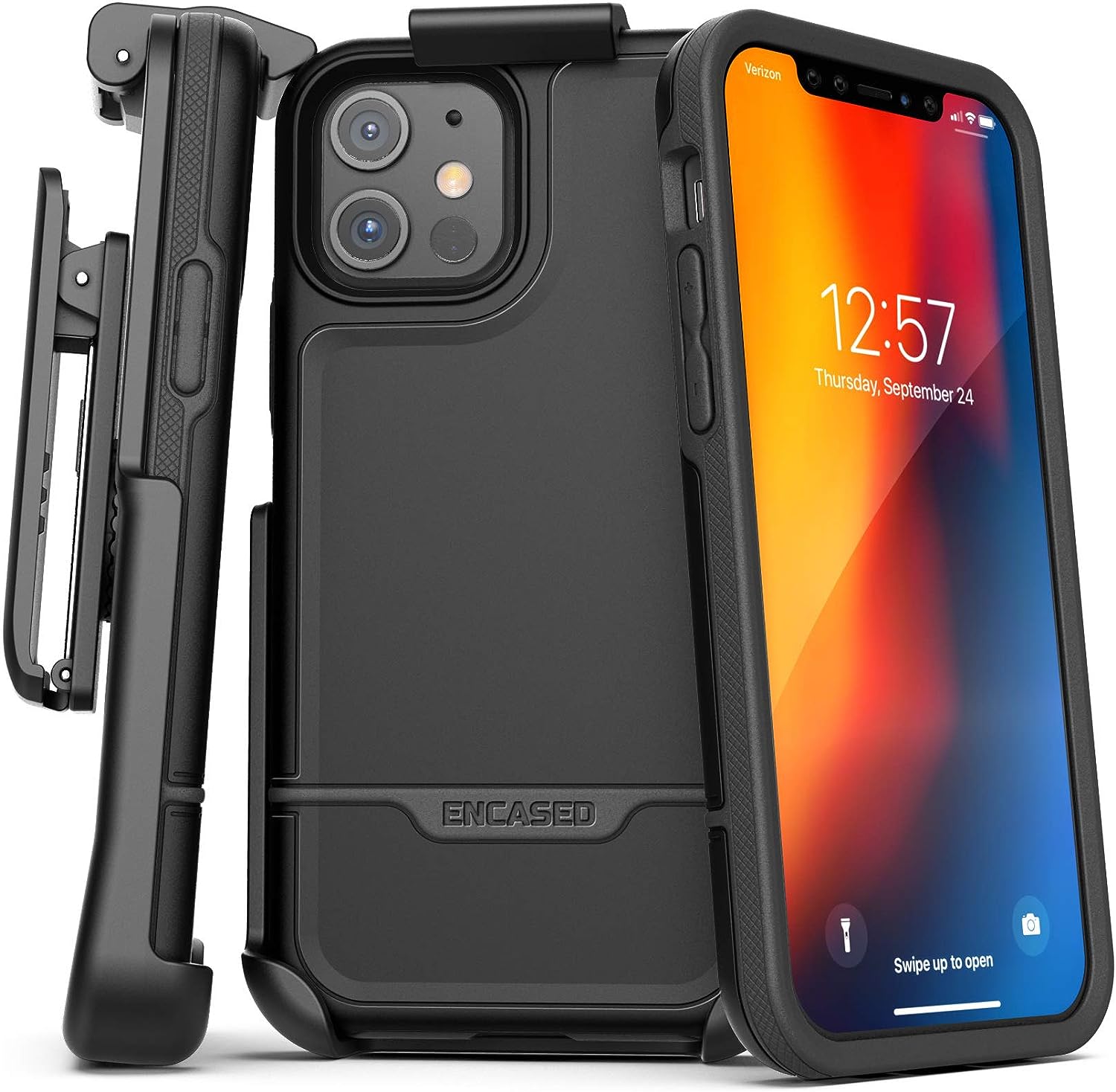 Encased Rebel iPhone 12 Case with Holster, 10ft Impact Tested - Black