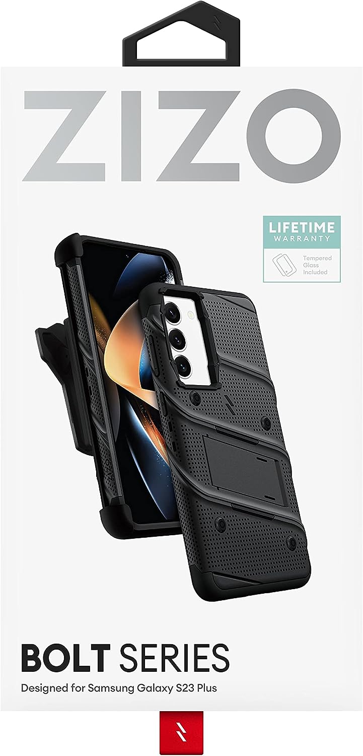 ZIZO Bolt Samsung Galaxy S23 Plus 5G - Holster Case, Built-in Kickstand, Tempered Glass & Lanyard (3 Colors)