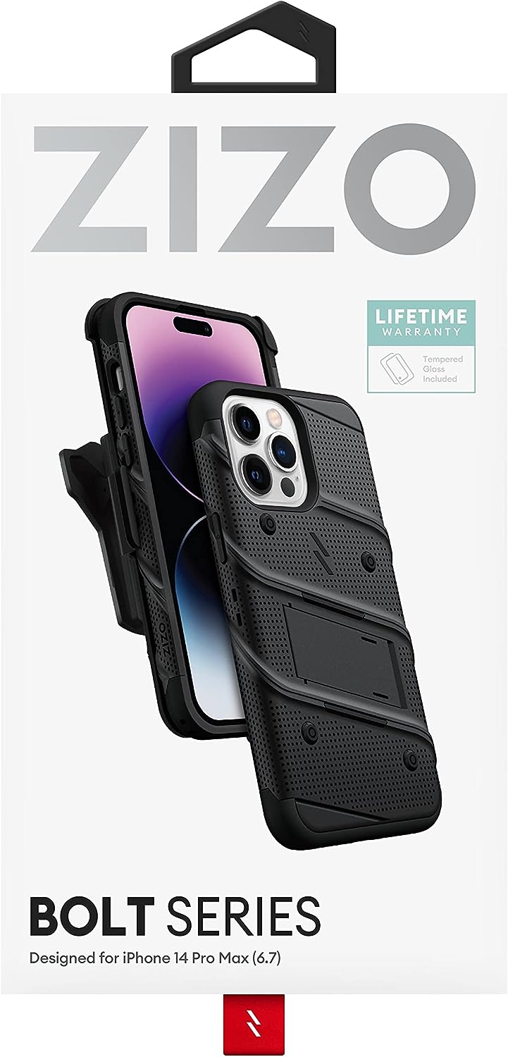 ZIZO Bolt iPhone 14 Pro Max Holster Case with Tempered Glass, Built-in Kickstand & Lanyard (3 Colors)