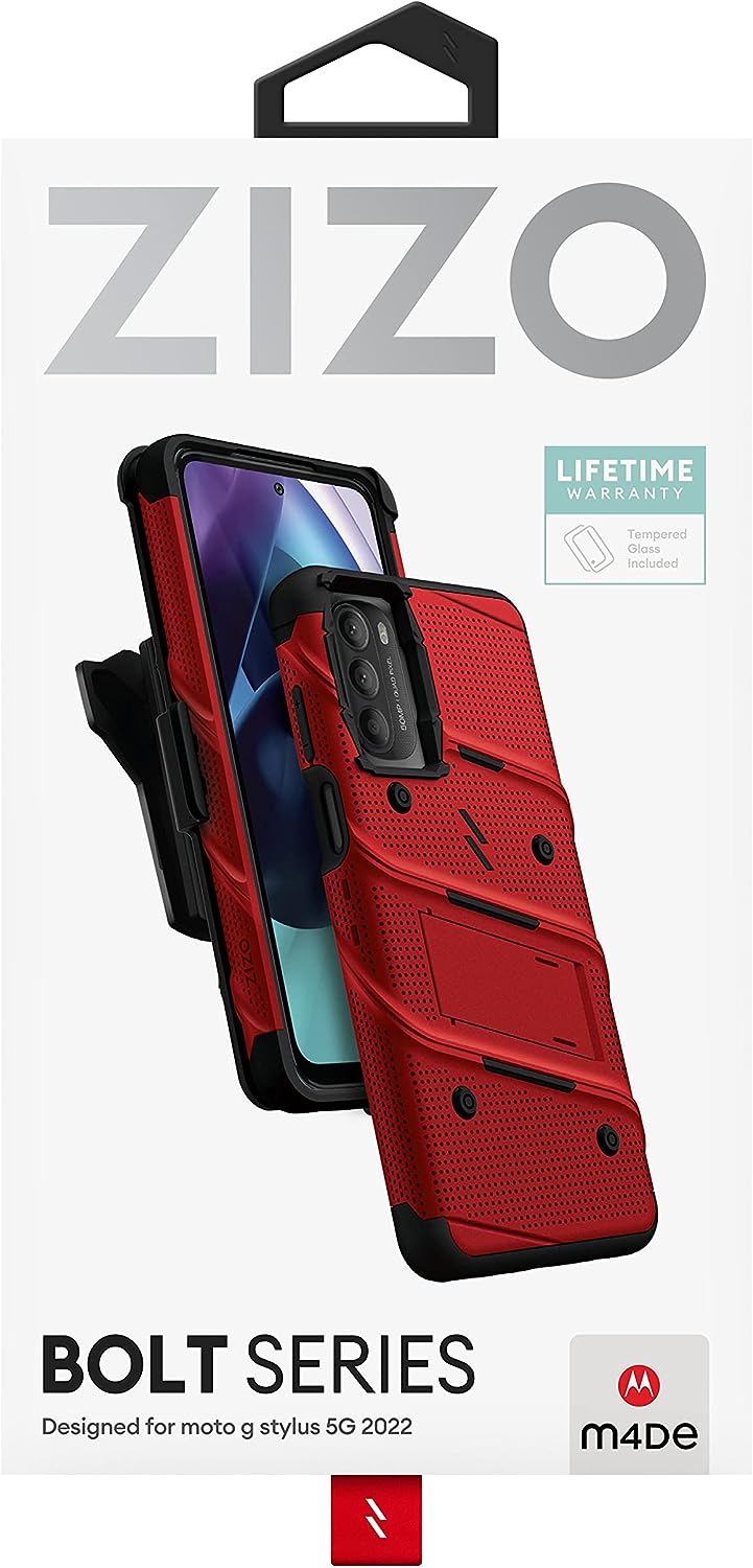 ZIZO Bolt Moto G Stylus 5G 2022 Holster Case with Tempered Glass, Built-in Kickstand & Lanyard (2 Colors)