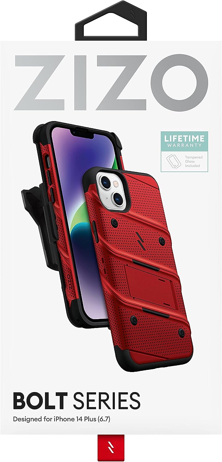 ZIZO Bolt iPhone 14 Plus 6.7" Holster Case with Tempered Glass, Built-in Kickstand & Lanyard (3 Colors)