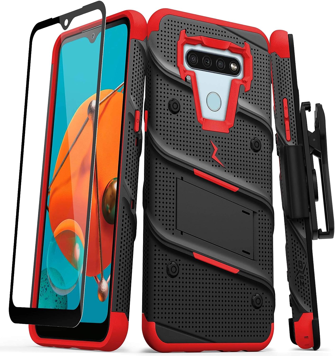 ZIZO Bolt LG K51 / LG Reflect Holster Case with Built-in Kickstand, Screen Protector & Lanyard - Black & Red