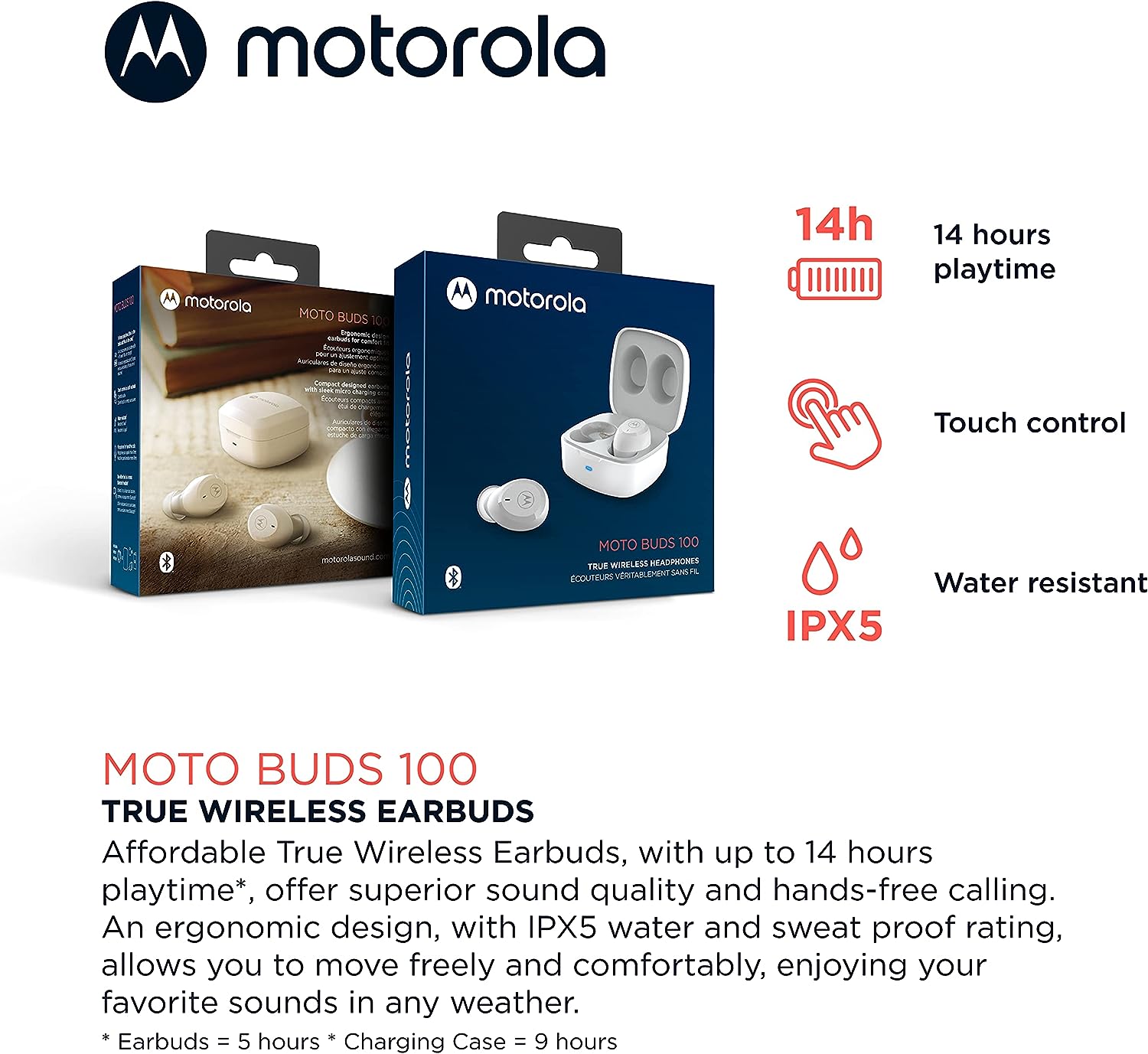 Motorola Moto Buds 100 True Wireless Bluetooth Earbuds with Superior Sound Quality - White