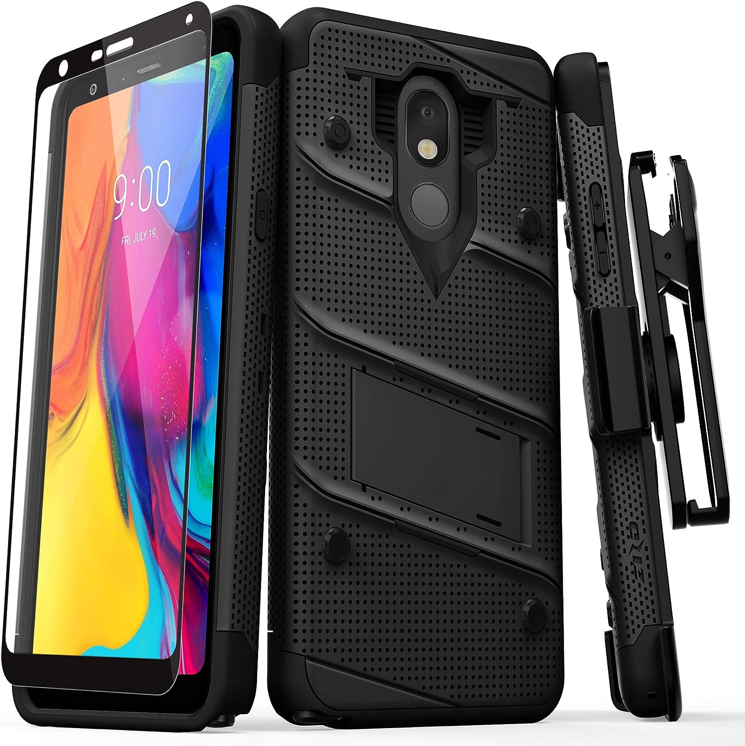 ZIZO Bolt LG Stylo 5 Holster Case with Built-in Kickstand, Glass Screen Protector and Lanyard - Black