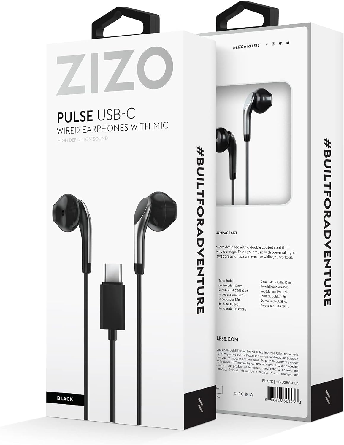 Zizo Wired USB Type C Headphones with Built-in Mic, 1.2m Cable Length and Volume Control - Black