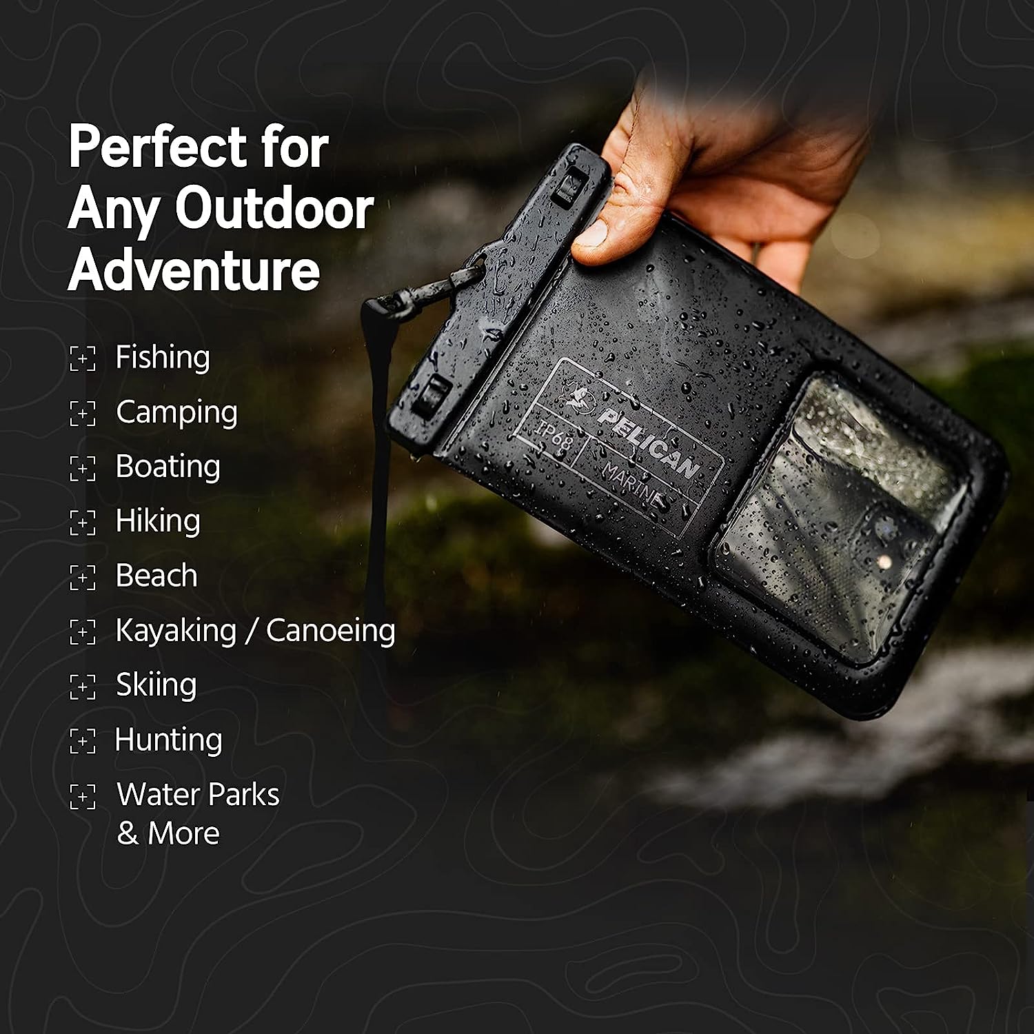 Pelican Marine IP68 Floating Waterproof Phone Pouch Case (XL Size) for iPhone 15 Pro Max/ 14 Pro Max/ 13 Pro Max/ 12/ S23 Ultra/ Pixel 7 - Detachable Strong Lanyard - Black