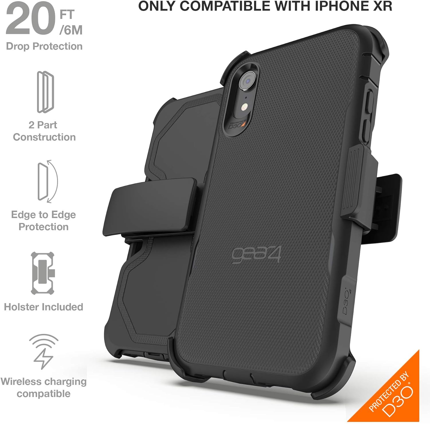 Gear4 Platoon Case with Holster for Apple iPhone Xr, Advanced Edge to Edge Protection - Black