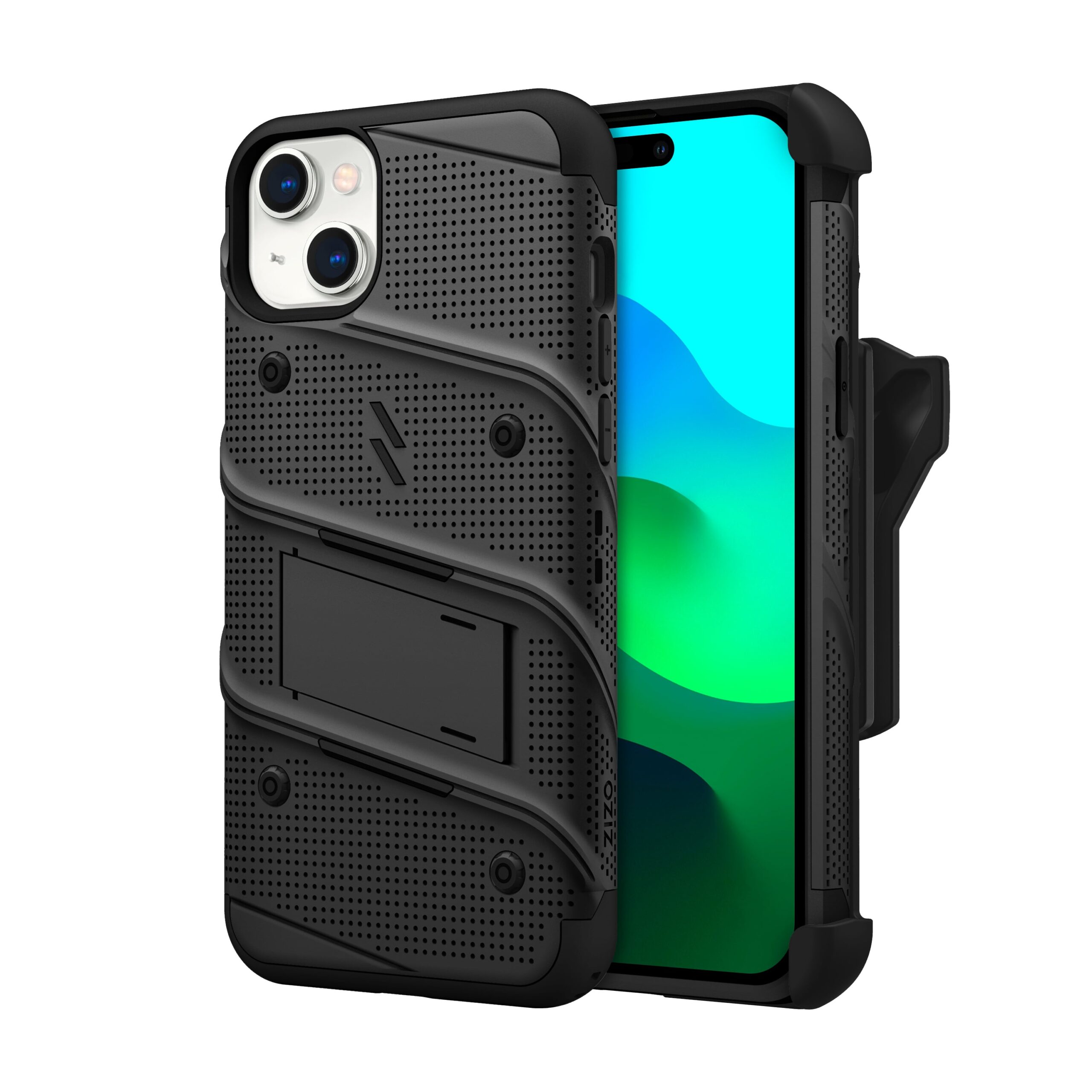 Zizo Bolt Apple iPhone 15 Plus Holster Case with Tempered Glass, Kickstand & Lanyard - Black