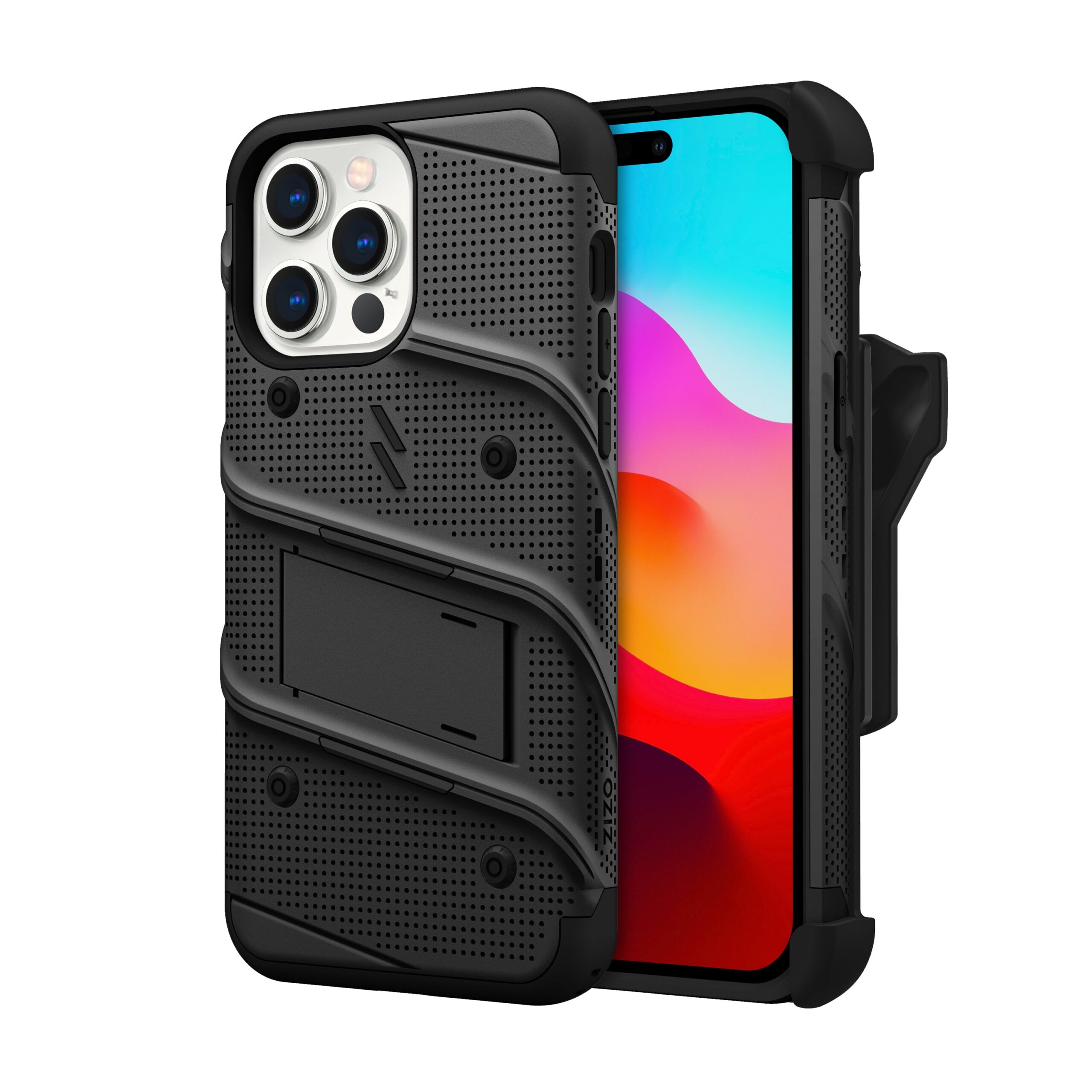 Zizo Bolt iPhone 15 Pro Max Holster Case with Tempered Glass, Kickstand & Lanyard "Protective & Light Weight" - Black