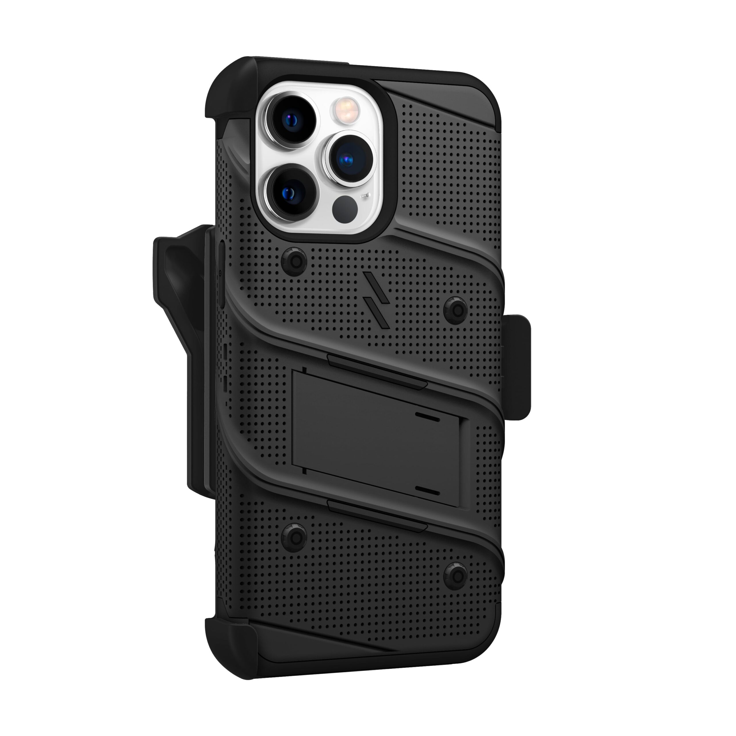 Zizo Bolt iPhone 15 Pro Max Holster Case with Tempered Glass, Kickstand & Lanyard "Protective & Light Weight" - Black
