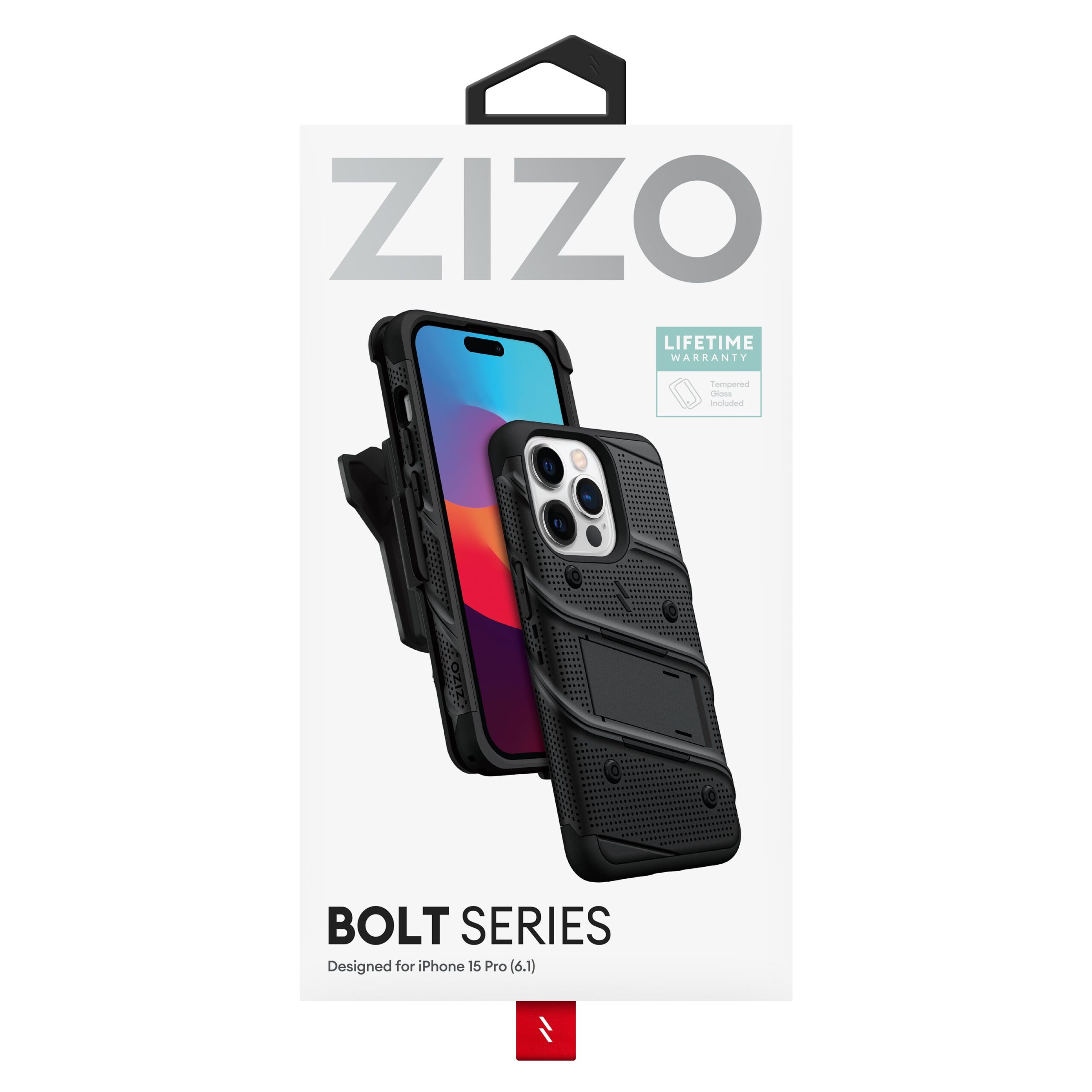 Zizo Bolt Bundle Apple iPhone 15 Pro Holster Case with Tempered Glass, Kickstand & Lanyard - Black