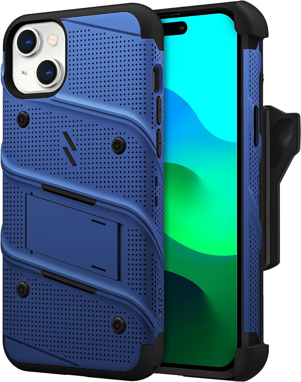Zizo Bolt Apple iPhone 15 Plus Holster Case with Tempered Glass, Kickstand & Lanyard - Blue