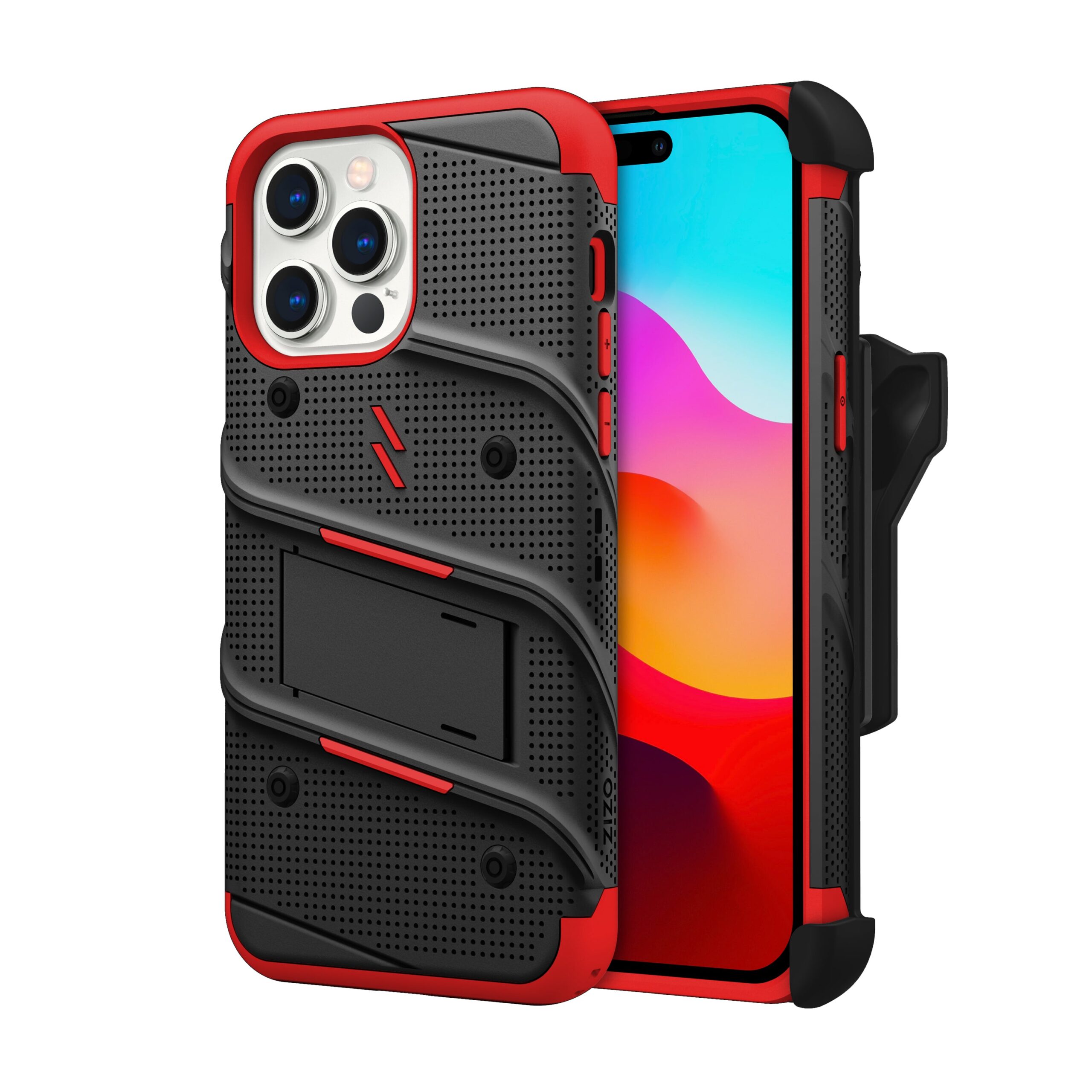 Zizo Bolt Bundle Apple iPhone 15 Pro Max Holster Case with Tempered Glass, Kickstand & Lanyard, Protective & Light Weight - Black/Red