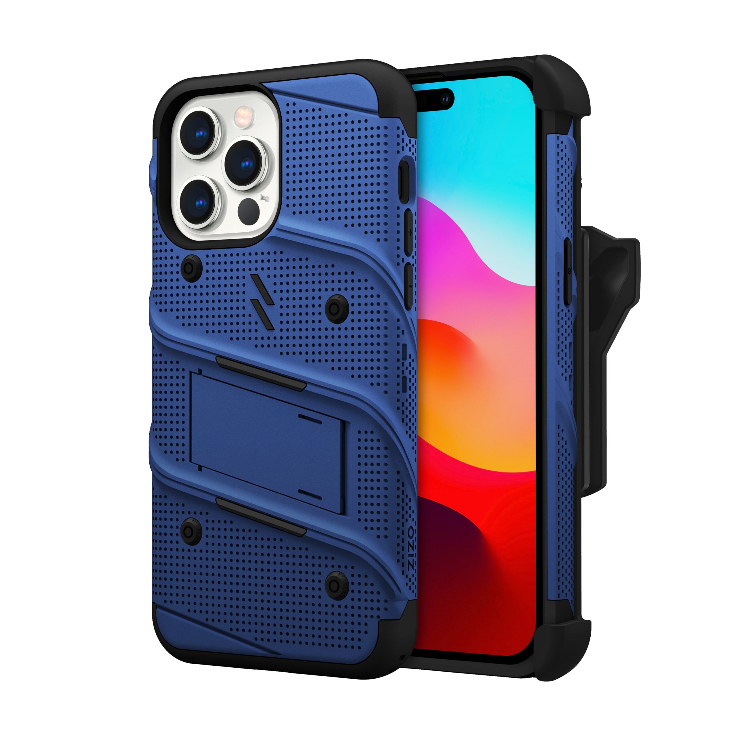 Zizo Bolt Bundle Apple iPhone 15 Pro Max Holster Case with Tempered Glass, Kickstand & Lanyard, Protective & Light Weight - Blue