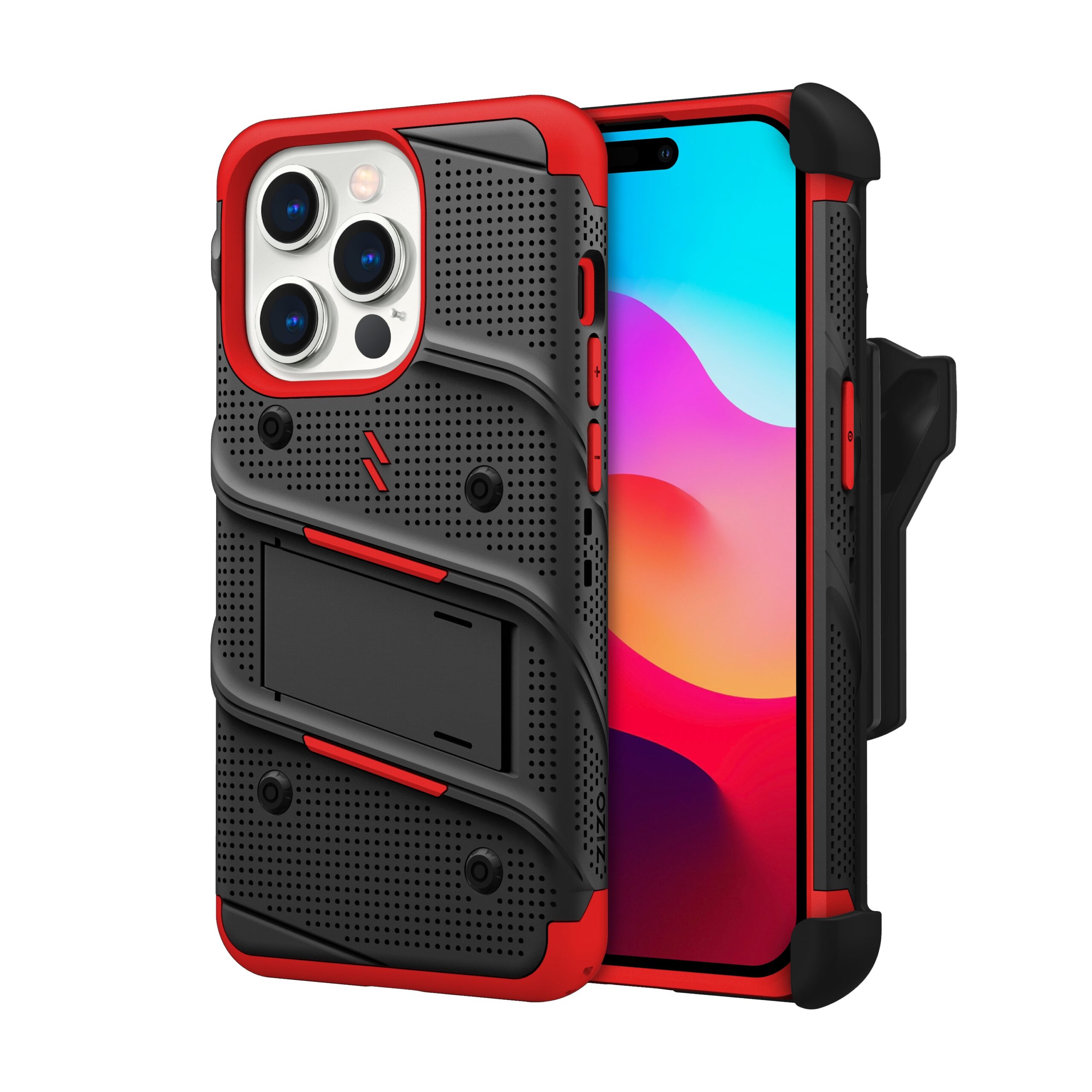 Zizo Bolt Bundle Apple iPhone 15 Pro Holster Case with Tempered Glass, Kickstand & Lanyard - Black/Red