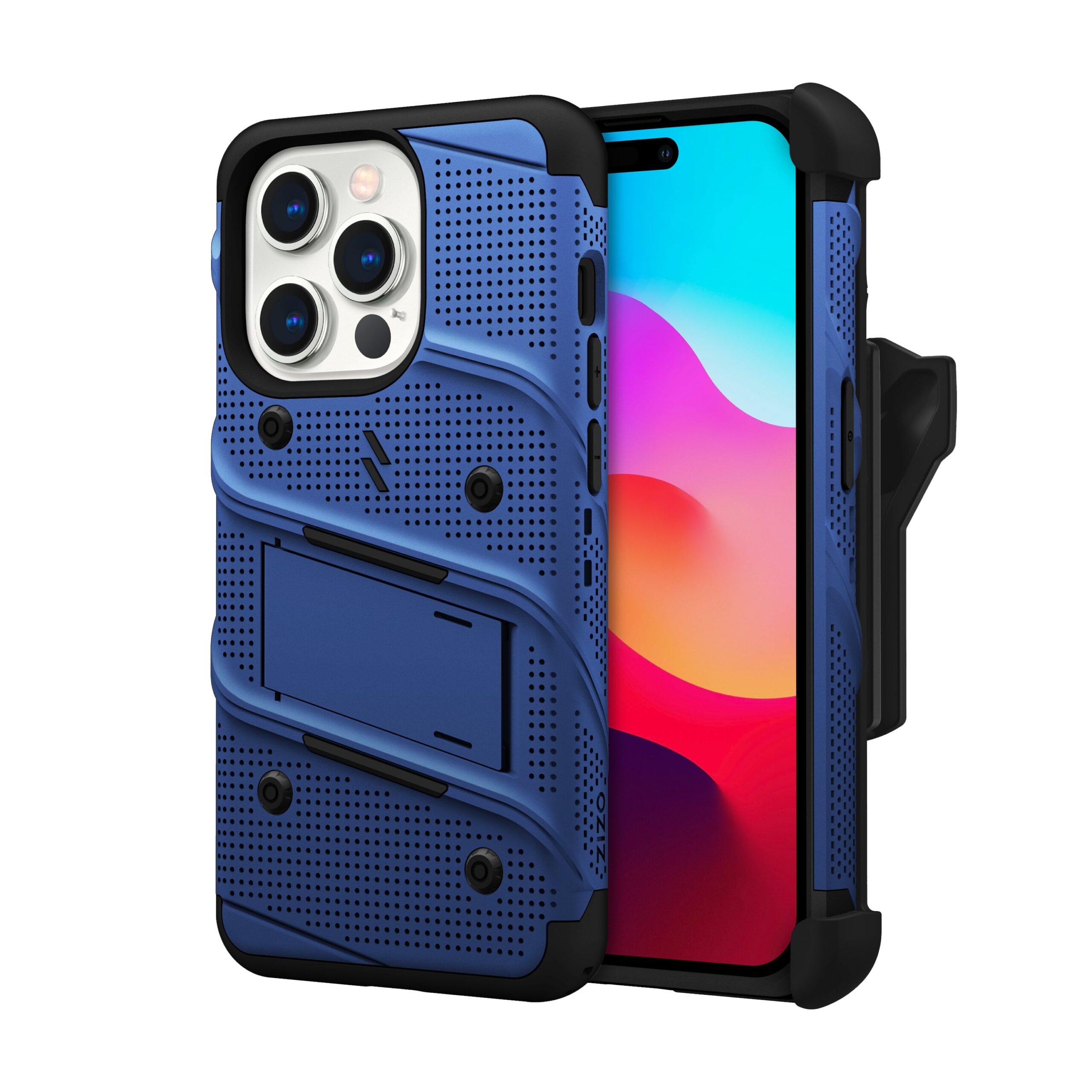 Zizo Bolt Apple iPhone 15 Pro Holster Case with Tempered Glass, Kickstand & Lanyard - Blue