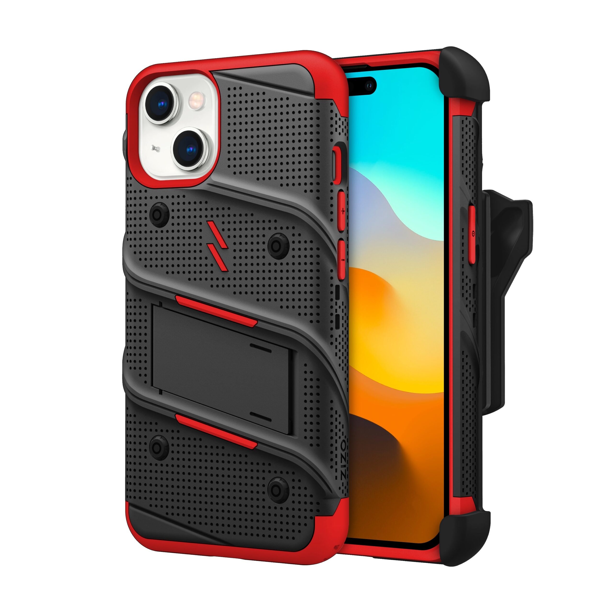 Zizo Bolt Bundle Apple iPhone 15 Holster Case with Tempered Glass, Kickstand & Lanyard, Protective & Light Weight - Black/Red