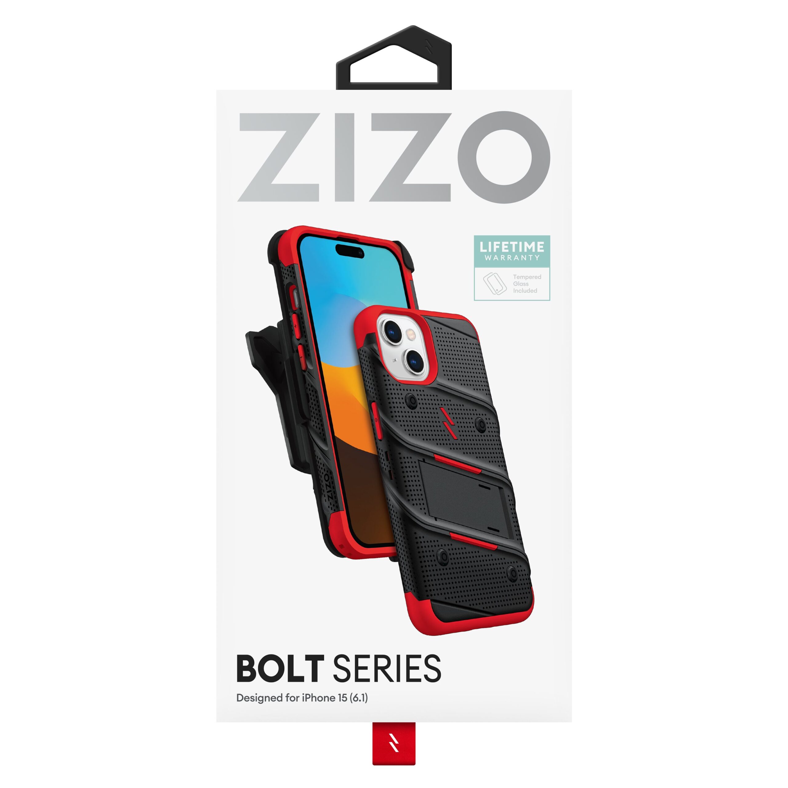 Zizo Bolt Bundle Apple iPhone 15 Holster Case with Tempered Glass, Kickstand & Lanyard, Protective & Light Weight - Black/Red