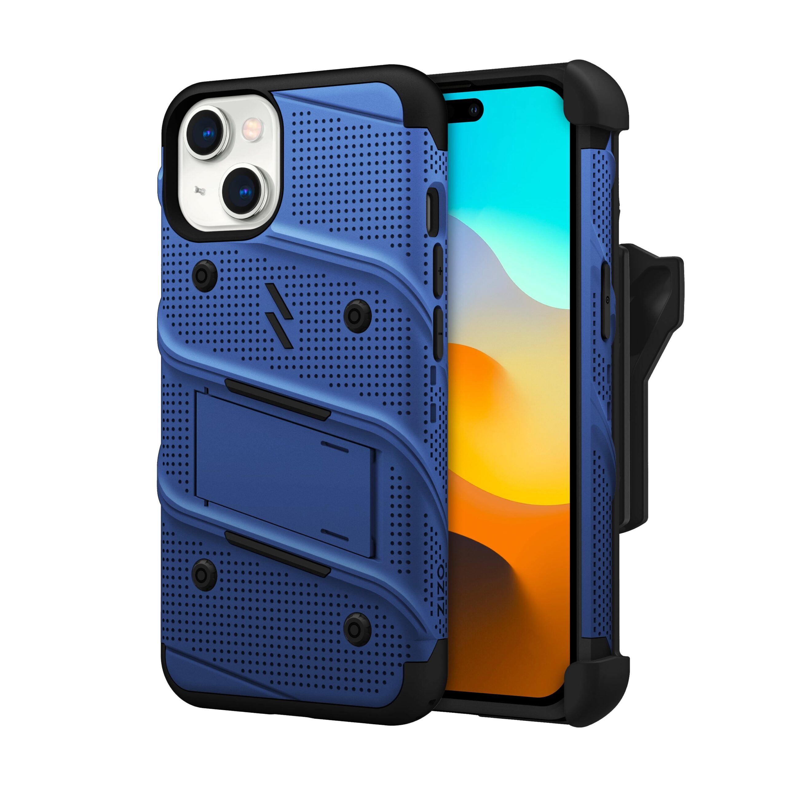 Zizo Bolt Bundle Apple iPhone 15 Holster Case with Tempered Glass, Kickstand & Lanyard, Protective & Light Weight - Blue