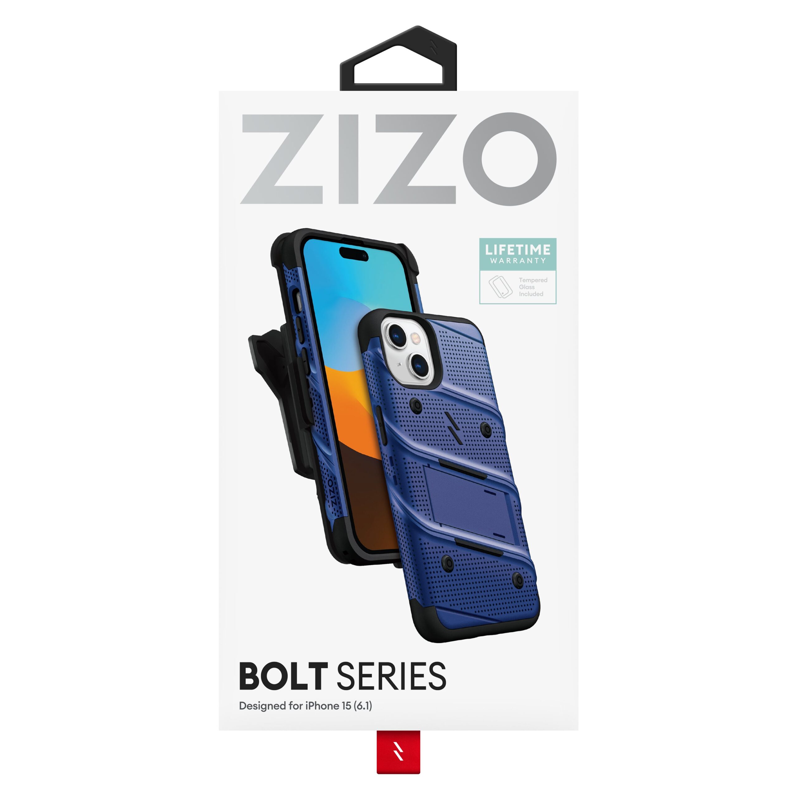 Zizo Bolt Bundle Apple iPhone 15 Holster Case with Tempered Glass, Kickstand & Lanyard, Protective & Light Weight - Blue